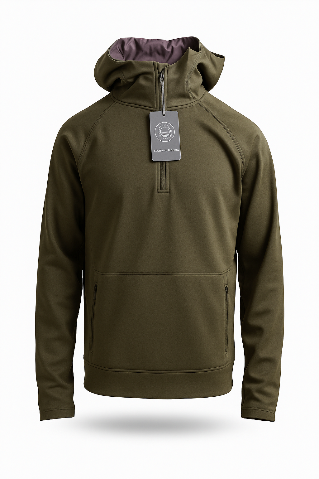 Army green performance hoodie with black half-zip and vertical pockets – Golf Ball Wisdom’s limited Ruck Hoodie supporting teen mentorship